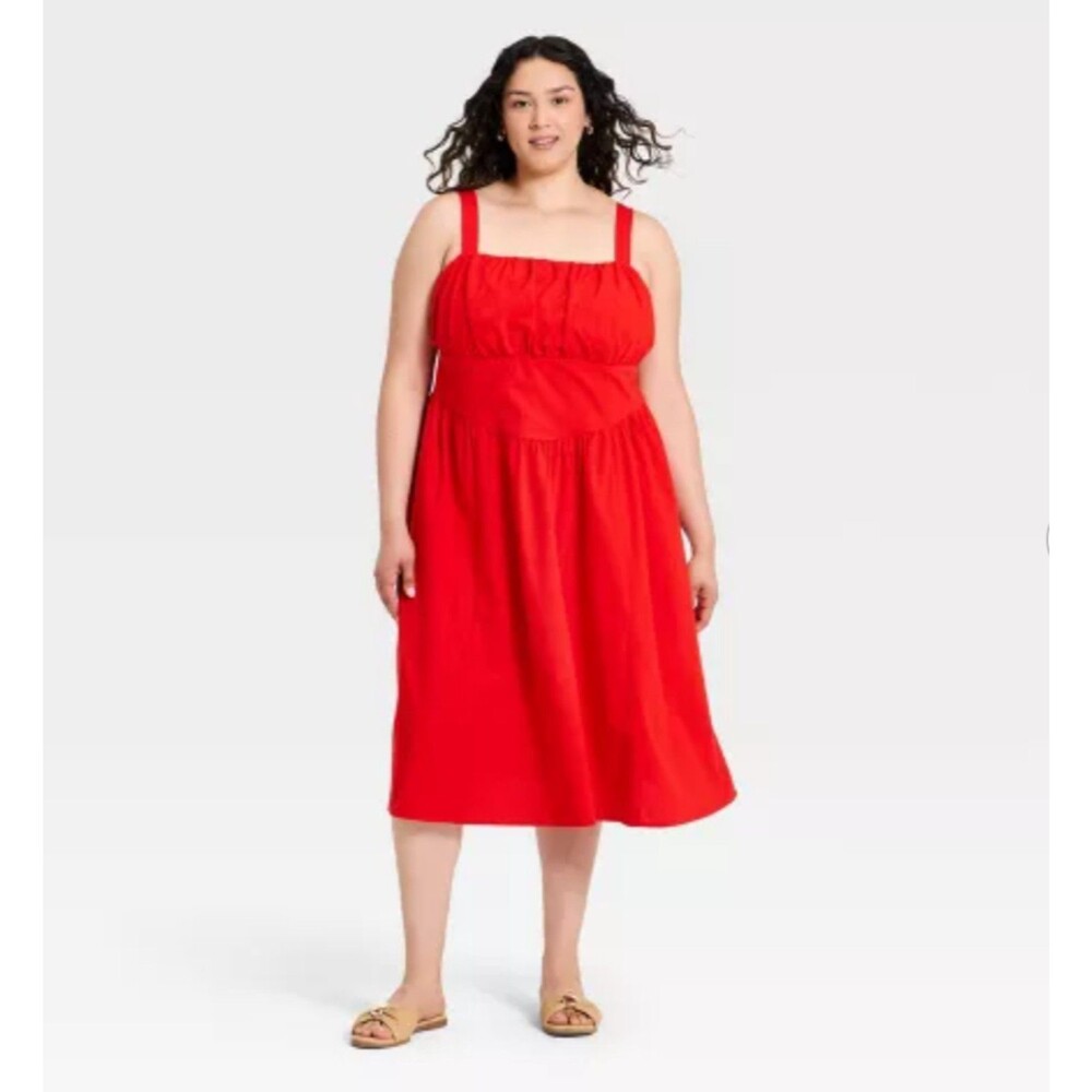 Women's Ava & Viv Sleeveless Square Neck A-Line Midi Dress Red XXL